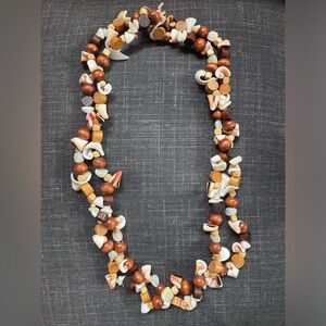 Vintage Artisan Natural Wood Bead & Shell Boho Necklace -Long or Two Strand Look